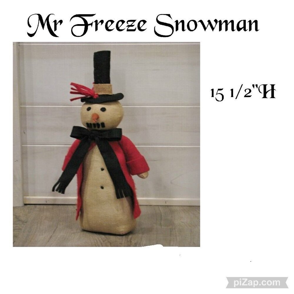 Mr Freeze‎ Snowman 15 1/2" high Primitive cloth weighted bottom hat coat scarf